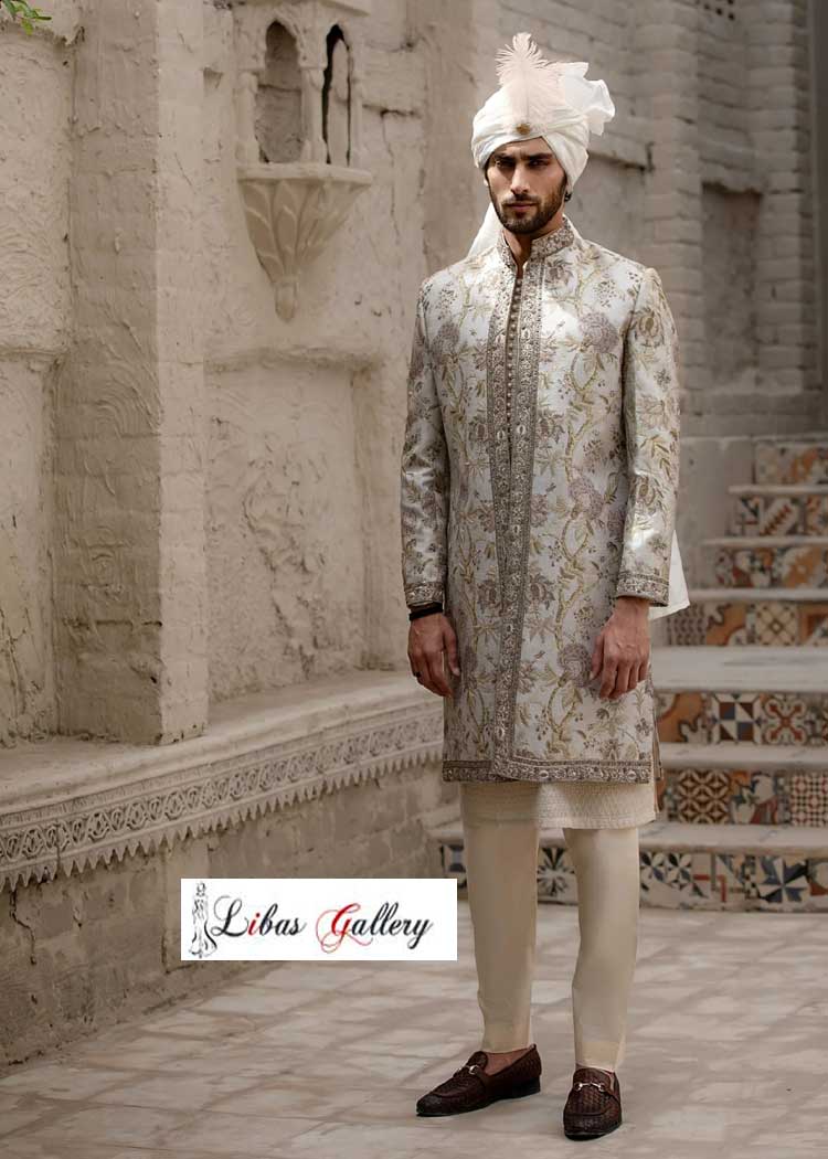 Luxurious beige sherwani open style with intricate embroidery for Groom Nikah Ceremony paired with embroidered kurta loop buttons white Turban UK USA Canada