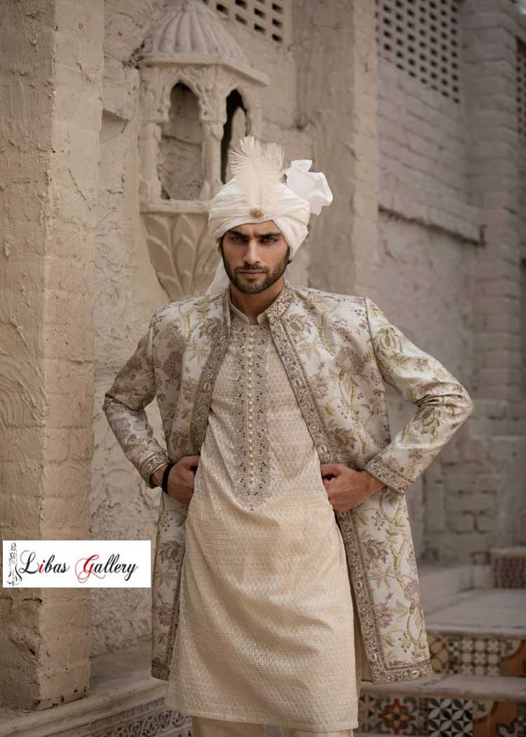 Luxurious beige sherwani with intricate embroidery for Groom