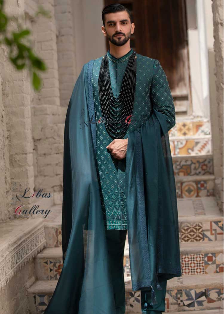 Maharaja style blue embellished Groom sherwani with matching inner and fancy embroidered Shawl for Nikah Derby Bristol California Sydney Dubai