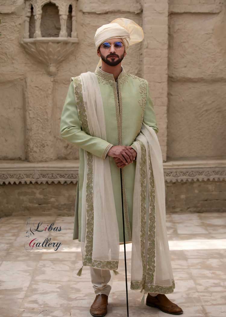 Green Ombre Men Sherwani Style for Nikah Ceremony paired with Inner kurta Churidar Turban and off white Embroidered Dulha Shawl UAE UK USA Canada