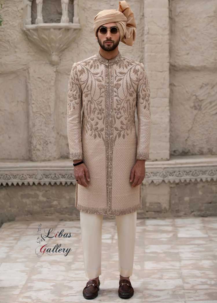 ROSE GOLD SHERWANI WITH LIGHT hand EMBELLISHMENTS on front collar and sleeves paired with Turban kurta trousers Liverpool London Manchester