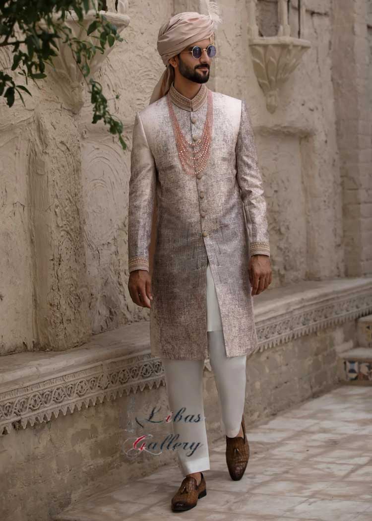 Pearl White Jacquard Sherwani for Groom with Regal Embroidered Collar Turban Mala and Inner kurta pajama Perth Glasgow Dubai Illinois Toronto