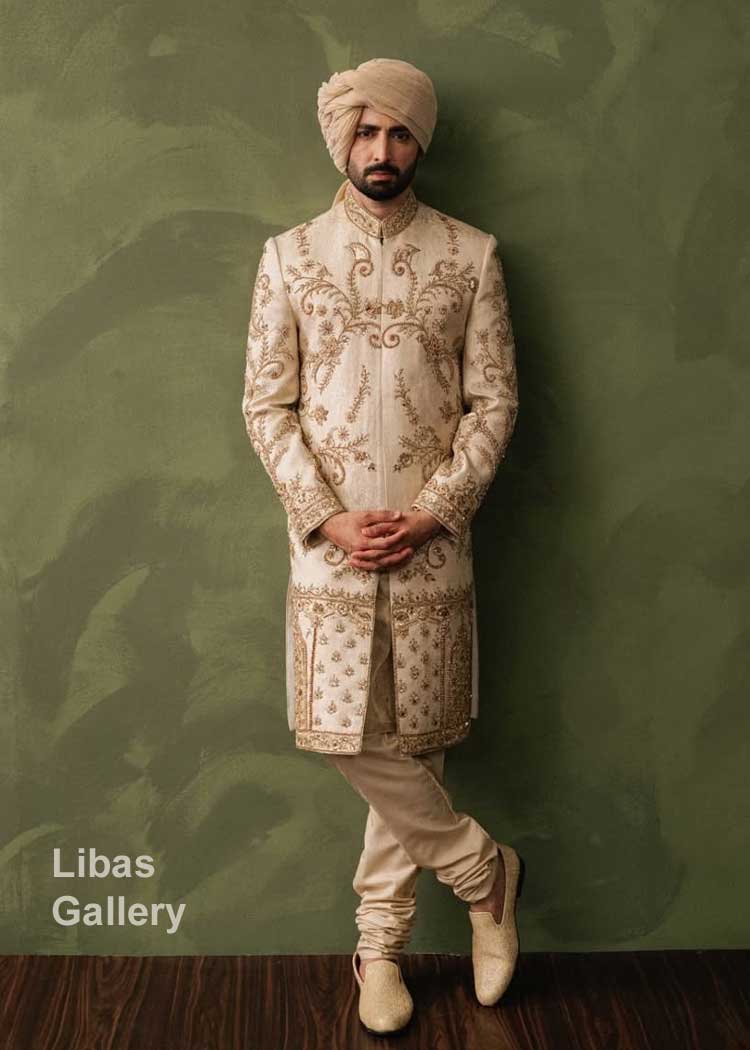 Champagne Gold Embroidered Sherwani with traditional Mughal Motifs with Shawl 