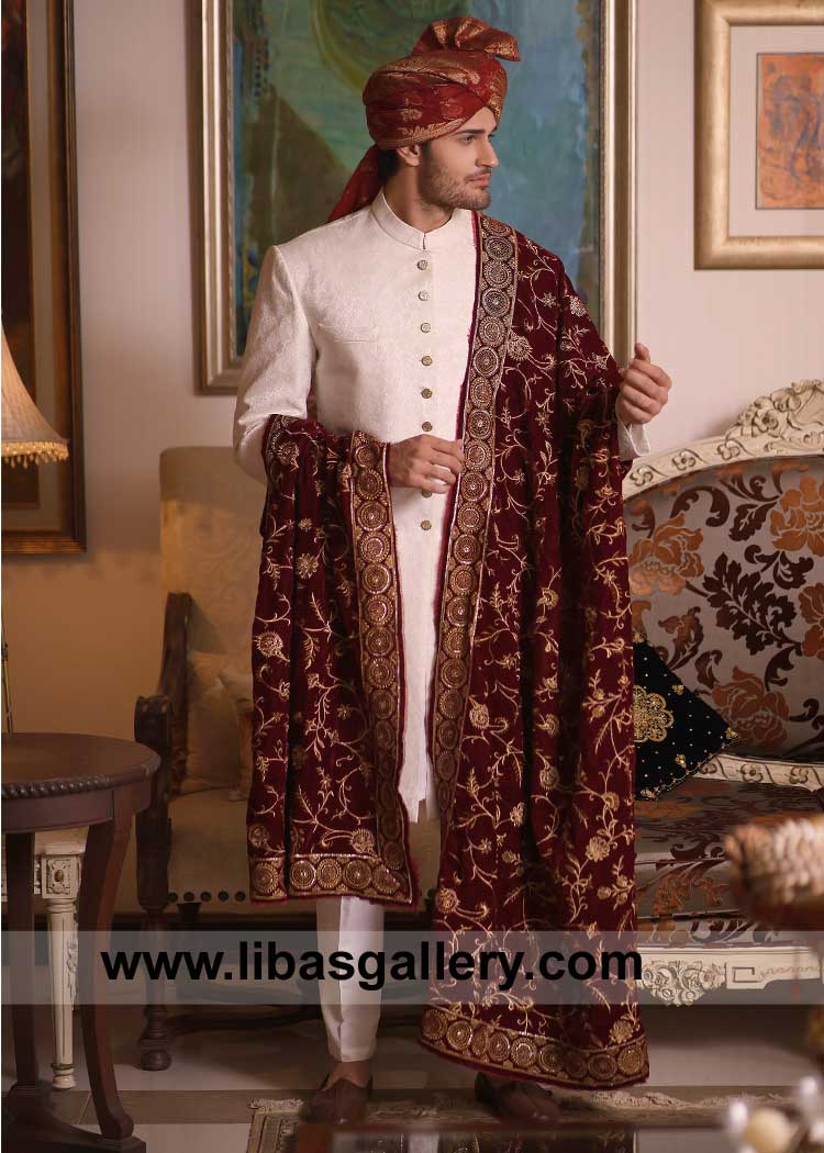 Pakistani Silver Sherwani Style for Groom Nikah Ceremony adorned with Embroidered Maroon Shawl Turban Inner Seattle Denver Texas USA