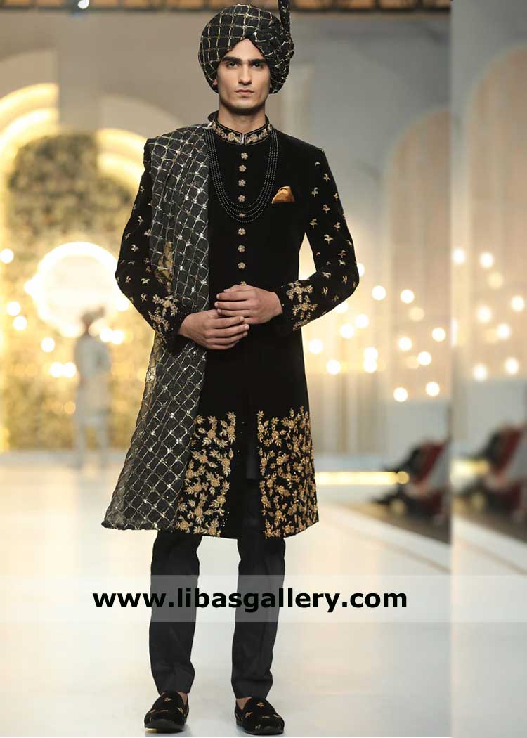 Jet black velvet groom wedding sherwani for nikah with gold work paired black inner suit black turban with Zari design Philadelphia Jacksonville USA