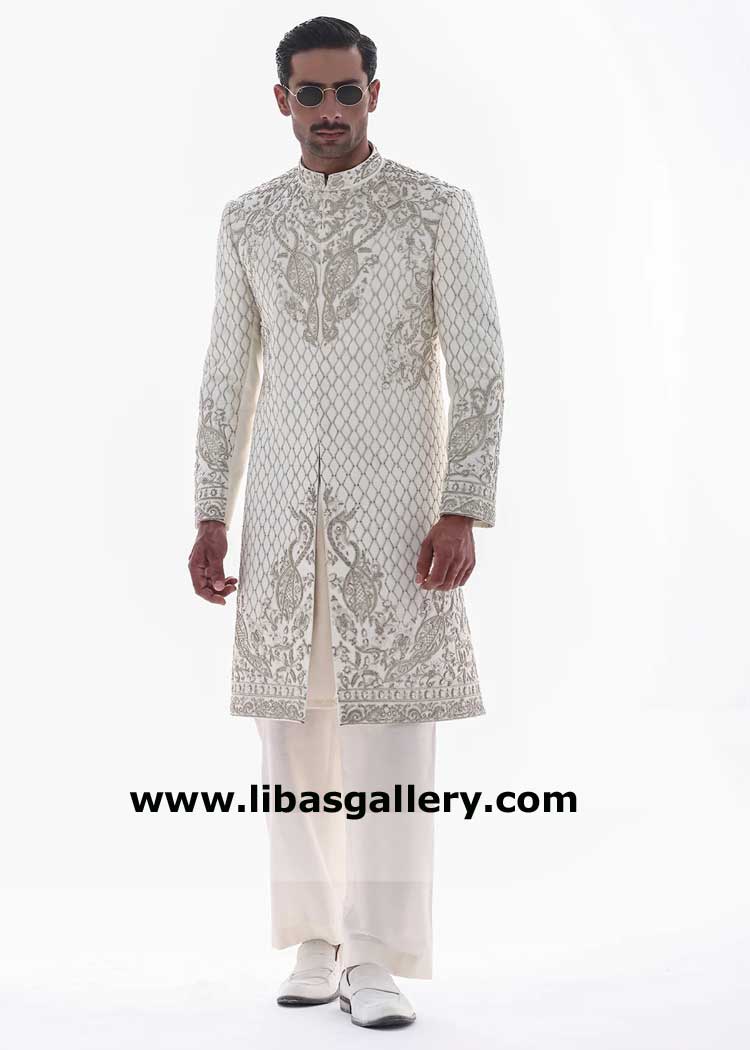 Detailed work Cream Sherwani for Men Nikah