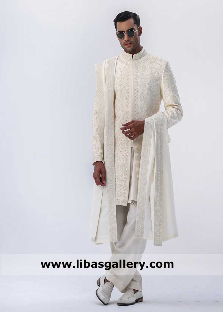Exquisite Groom Cream Hand Embellished Nikah Sherwani with Luxury Fabric and modern methodology  Indianapolis Dallas Louisville Chicago USA