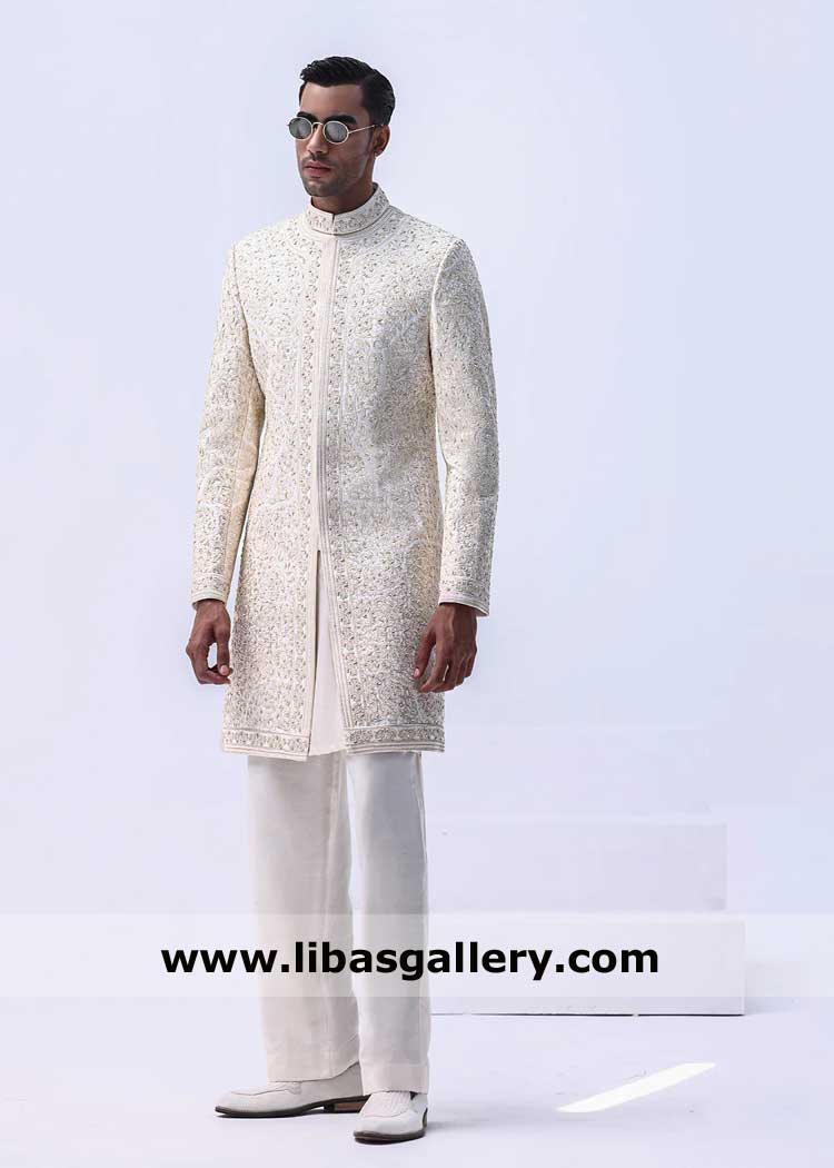 Exquisite Groom Cream Hand Embellished Nikah Sherwani