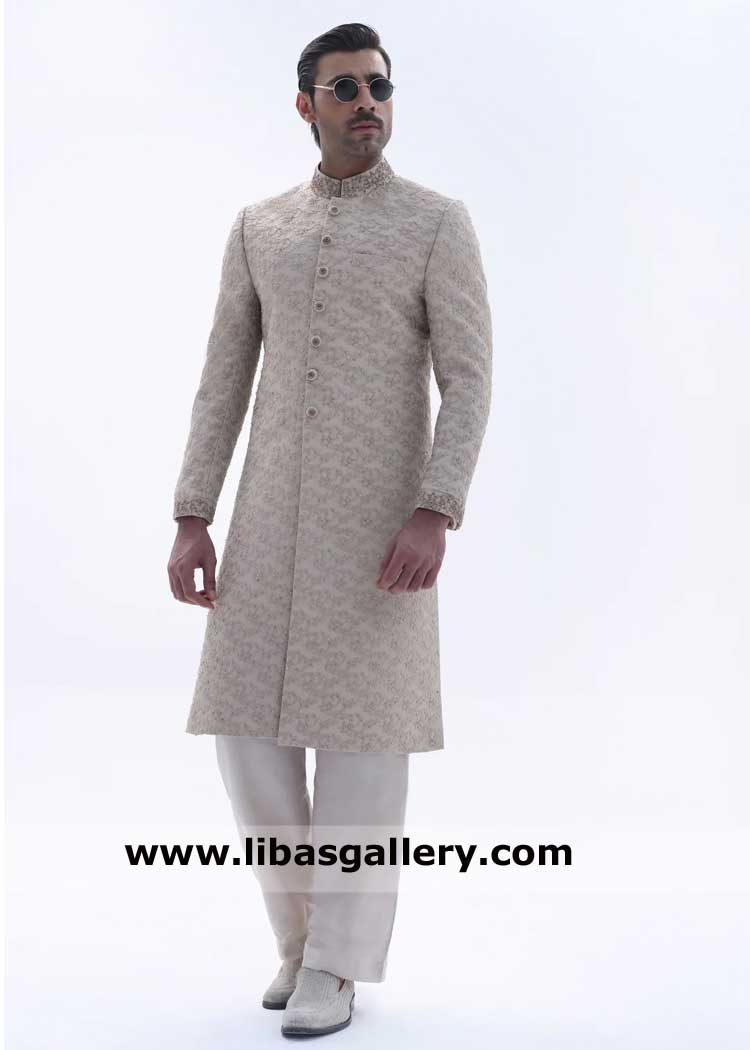Modern style Ivory embellished Groom Sherwani in premium quality fabrics to celebrate Nikah Event with friends and family Sheffield Bristol Glasgow UK