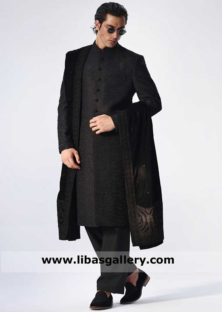 Jet Black hand embellished premium Groom Sherwani Style