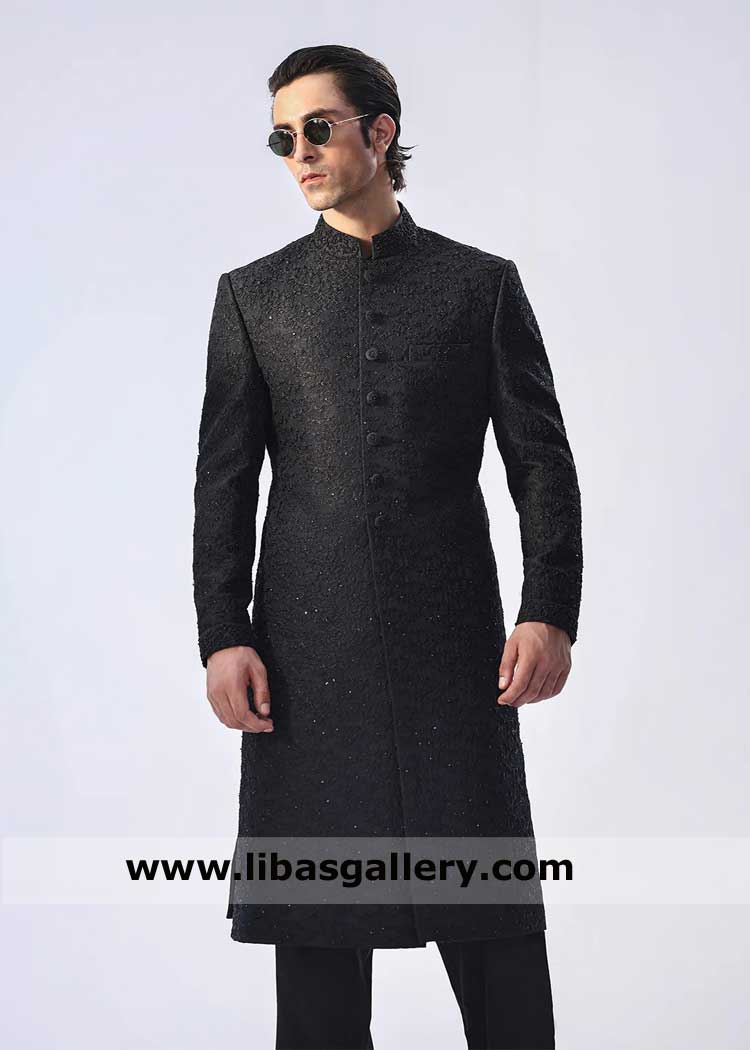 Jet Black hand embellished premium Groom Sherwani Style