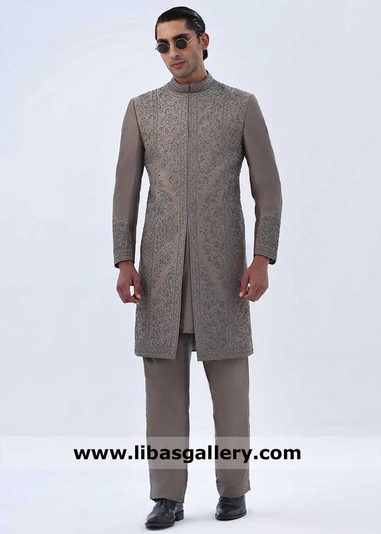 Tuscan Brown Majestic Sherwani for Modern Groom with Lavish hand embellishment all over front paired with inner suit Dubai Sheffield Sugarland