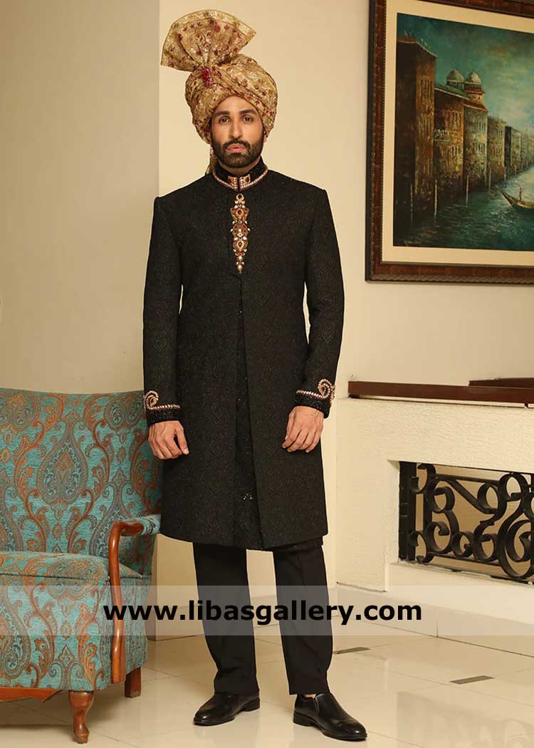 Premium embroidered Black Sherwani with Tilla hand work, Black Nikah sherwani with turban, Pakistani Black Sherwani UK USA Canada Dubai Australia