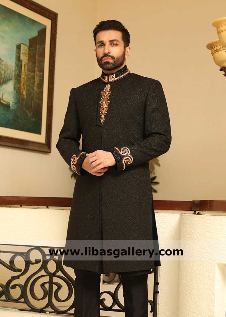 Opulent Textured Sherwani with Tilla Detailing