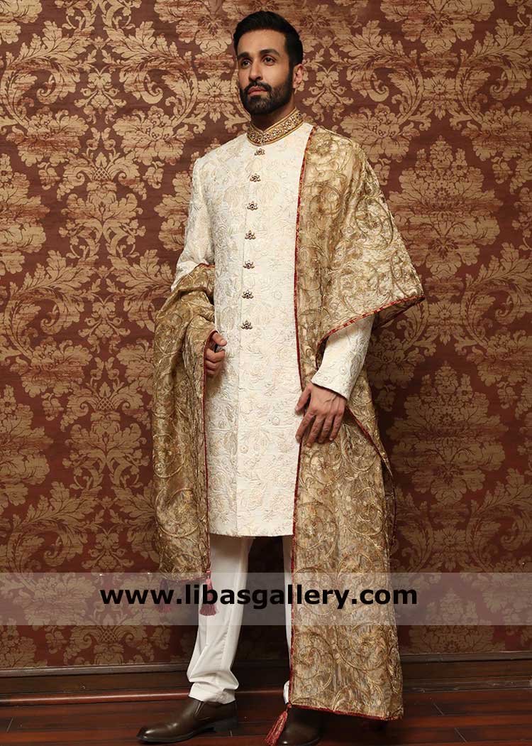 White premium jamawar wedding sherwani for groom,  Majestic Nikah day sherwani with shawl, Pakistani white sherwanis UK USA Canada Dubai