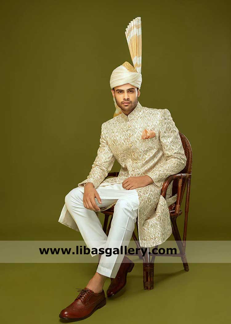 Groom heavy embroidered sherwani in Jamawar regal look, Sherwani paired with Inner suit and Atchison Kulla 