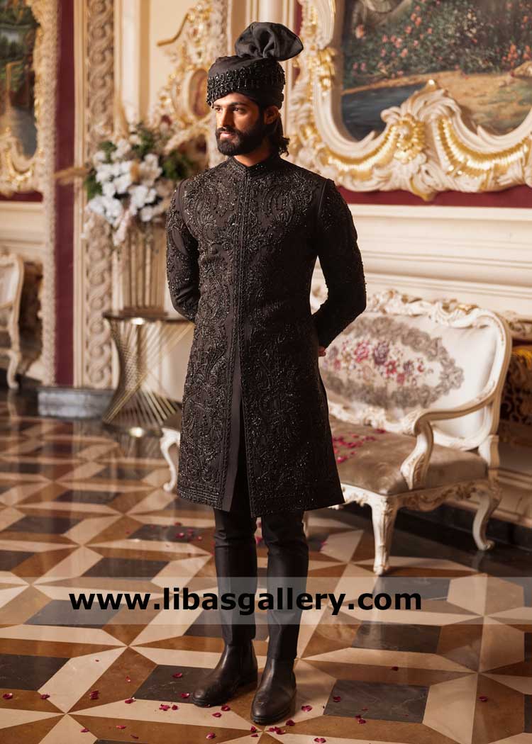 Groom Wedding Sherwani Jet Black with heavy hand embellishment, Zardozi and Swarovski work Black Sherwani for nikah Edmond,Seattle,Beaumont,USA