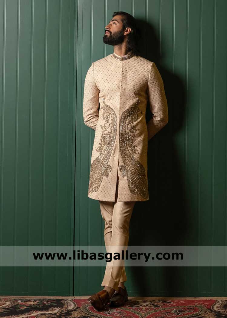 Bisque Hue Groom Sherwani in Raw silk, Groom Nikah Sherwanis in Soft Hue, Hand work Nikah Sherwani set Dubai New York Toronto Cardiff