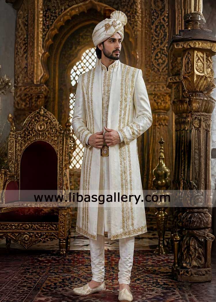 luxury White open Sherwani with gold work for groom