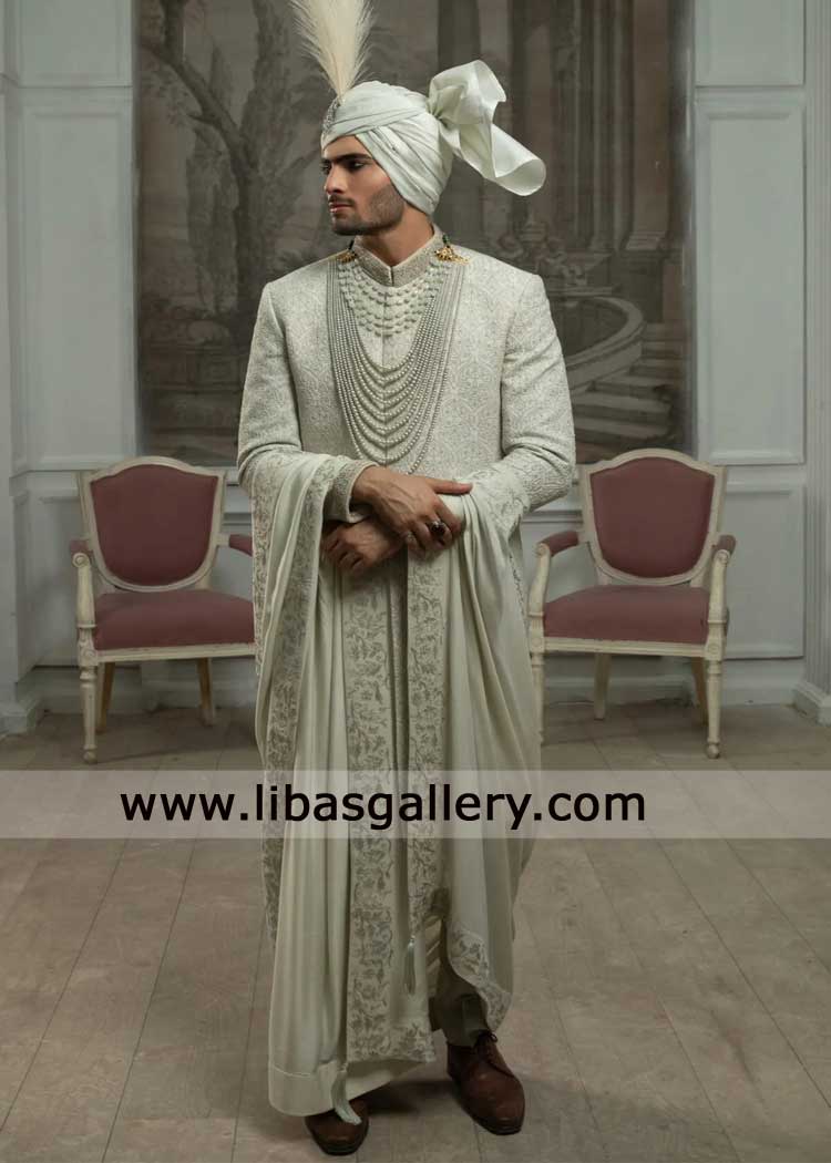 White romantic hand embellished wedding Sherwani