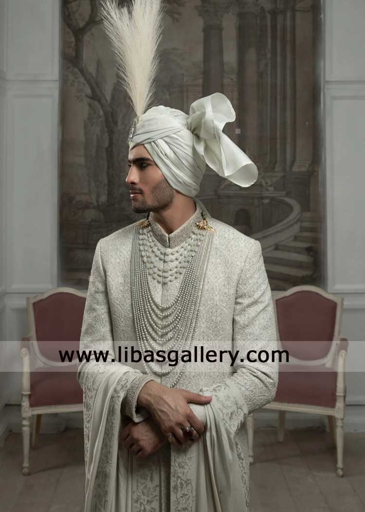 White romantic hand embellished wedding Sherwani