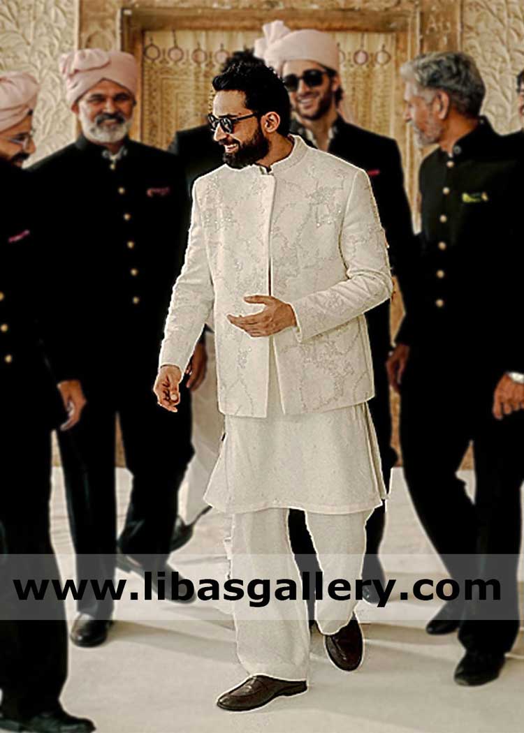 White hand embellished groom prince coat 