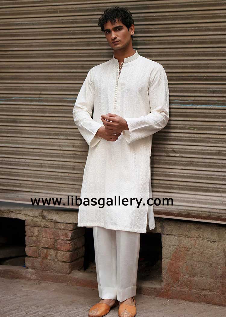 White self refined embroidered men kurta with shalwar