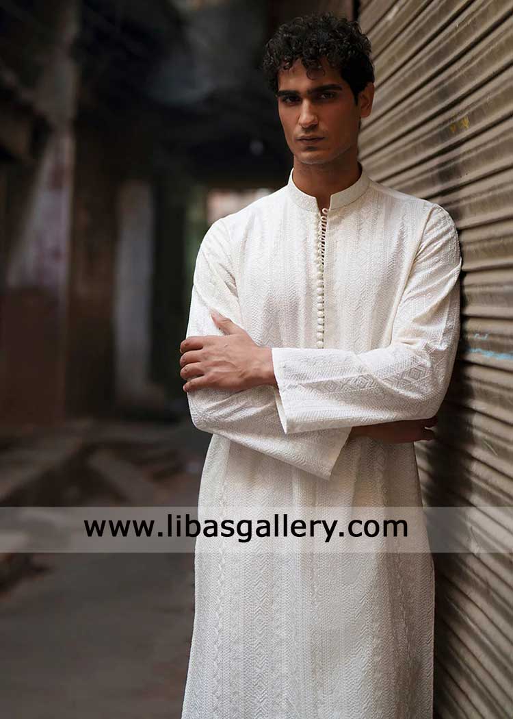 White self refined embroidered men kurta with shalwar