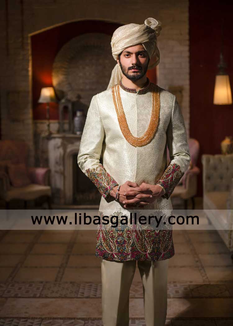 Self Woven Fabric White Multi color Embellished Sherwani