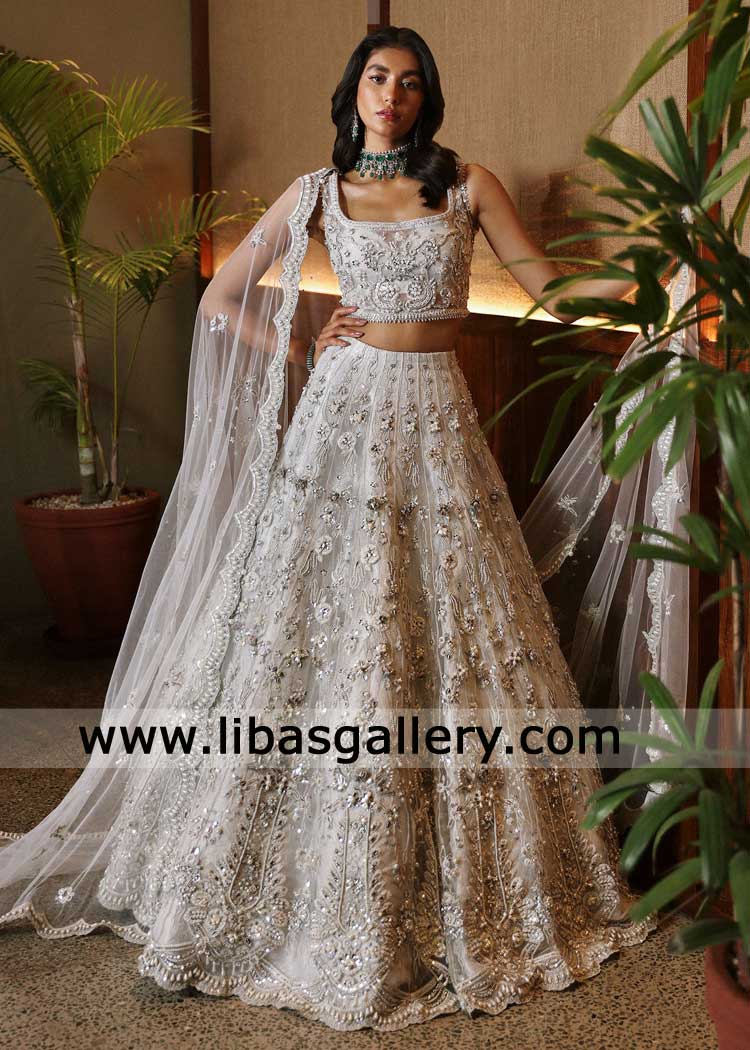 White Silver hand embellished Bridal Lehenga Choli look