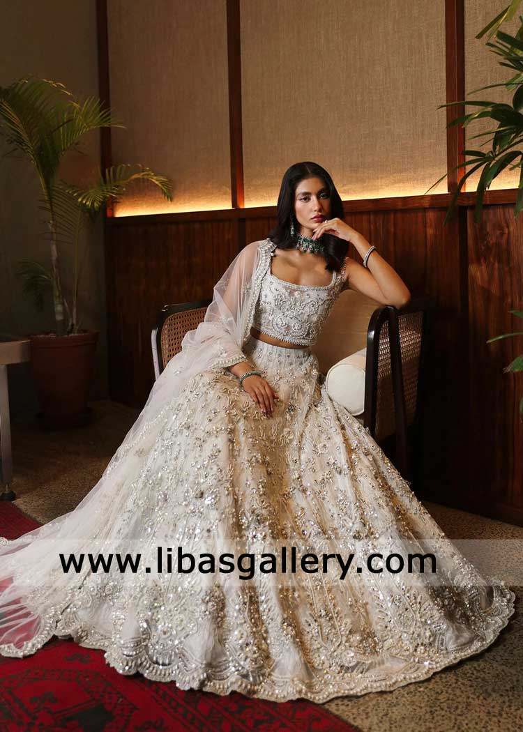 White Silver hand embellished Bridal Lehenga Choli look