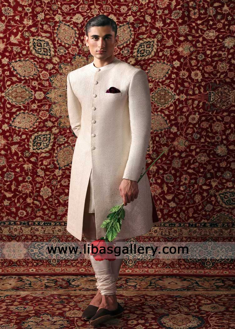 White Silver Groom Textured Zari Fabric Wedding Sherwani