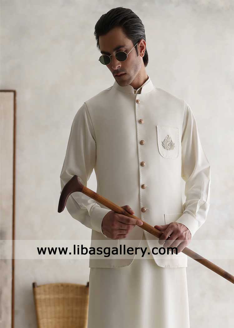 Premium Boski Waistcoat for Men with Pocket Embroidery Motif | Shalwar Kameez