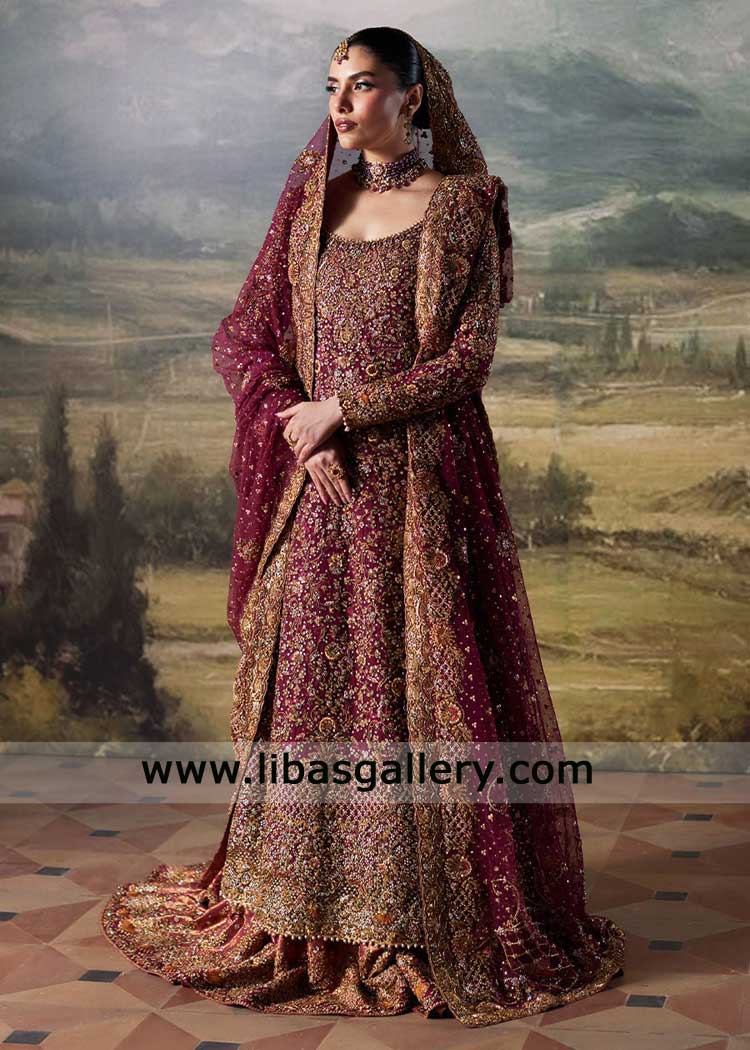 Pakistani Wine Bridal with Jamawar Farshi Lehenga