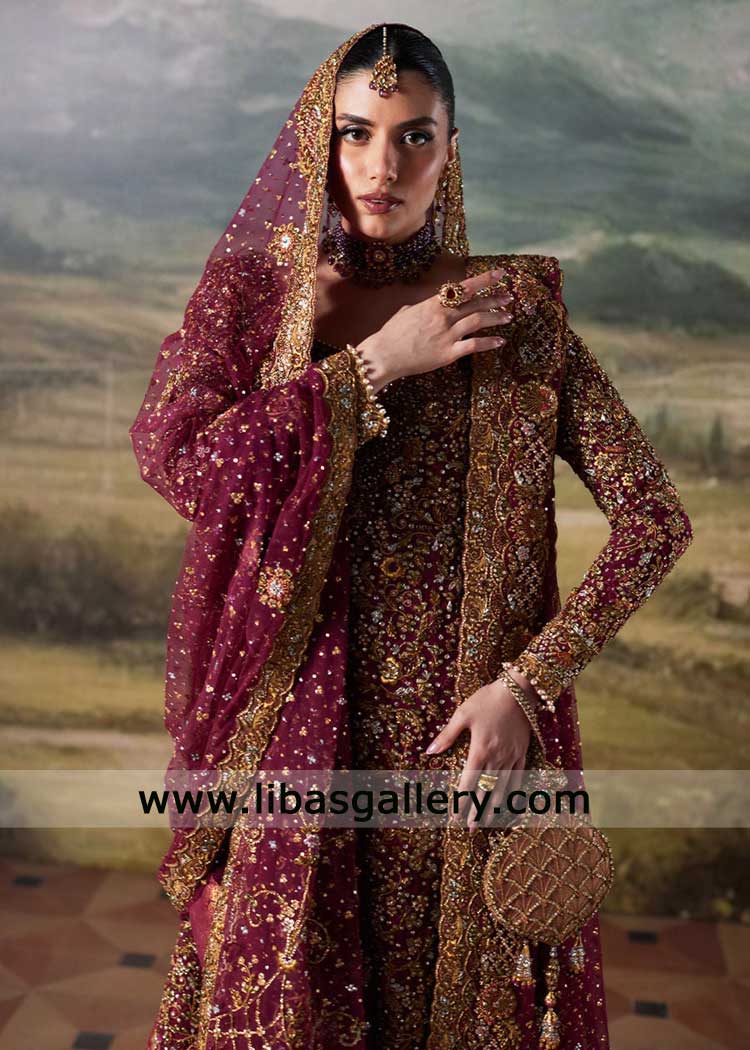 Pakistani Wine Bridal with Jamawar Farshi Lehenga