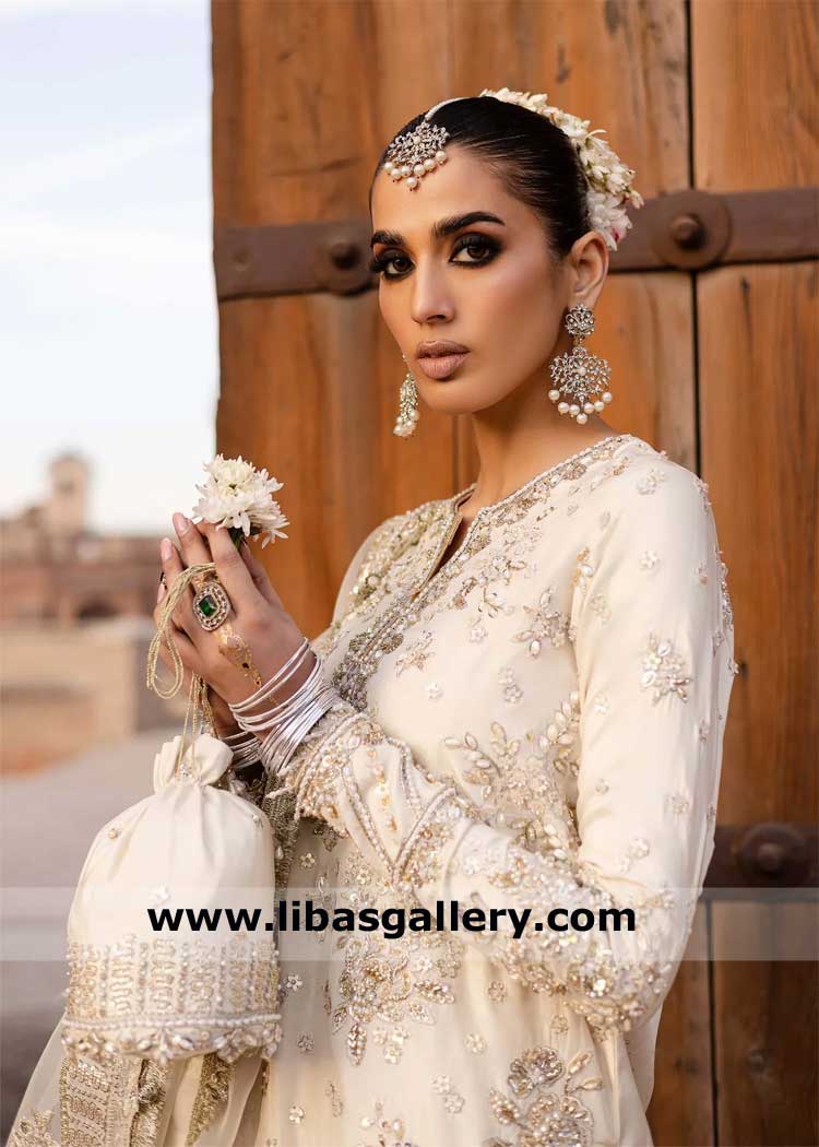 Ivory gold embroidered sharara dress for women with short shirt and dupatta