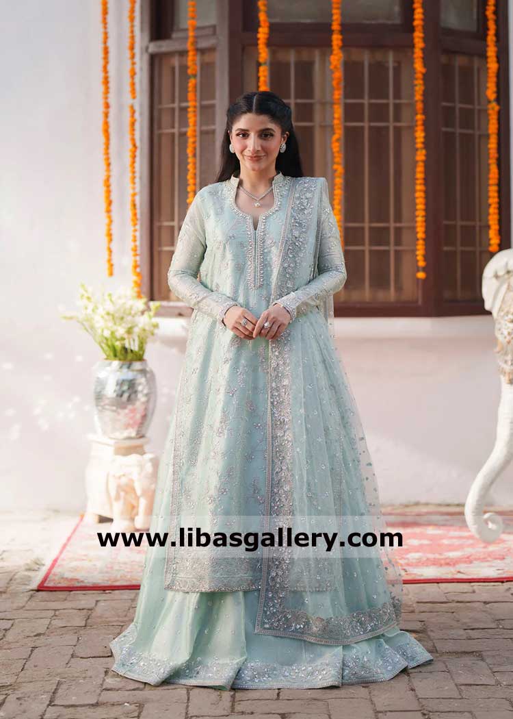 Ice Blue Embroidered Women Sharara Dress