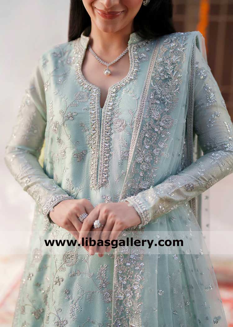 Ice Blue Embroidered Women Sharara Dress